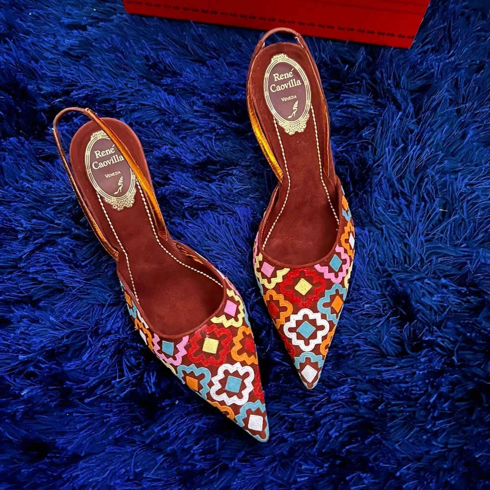 Rene Caovilla Multicolor Geometric Embroidered Slingback Heels